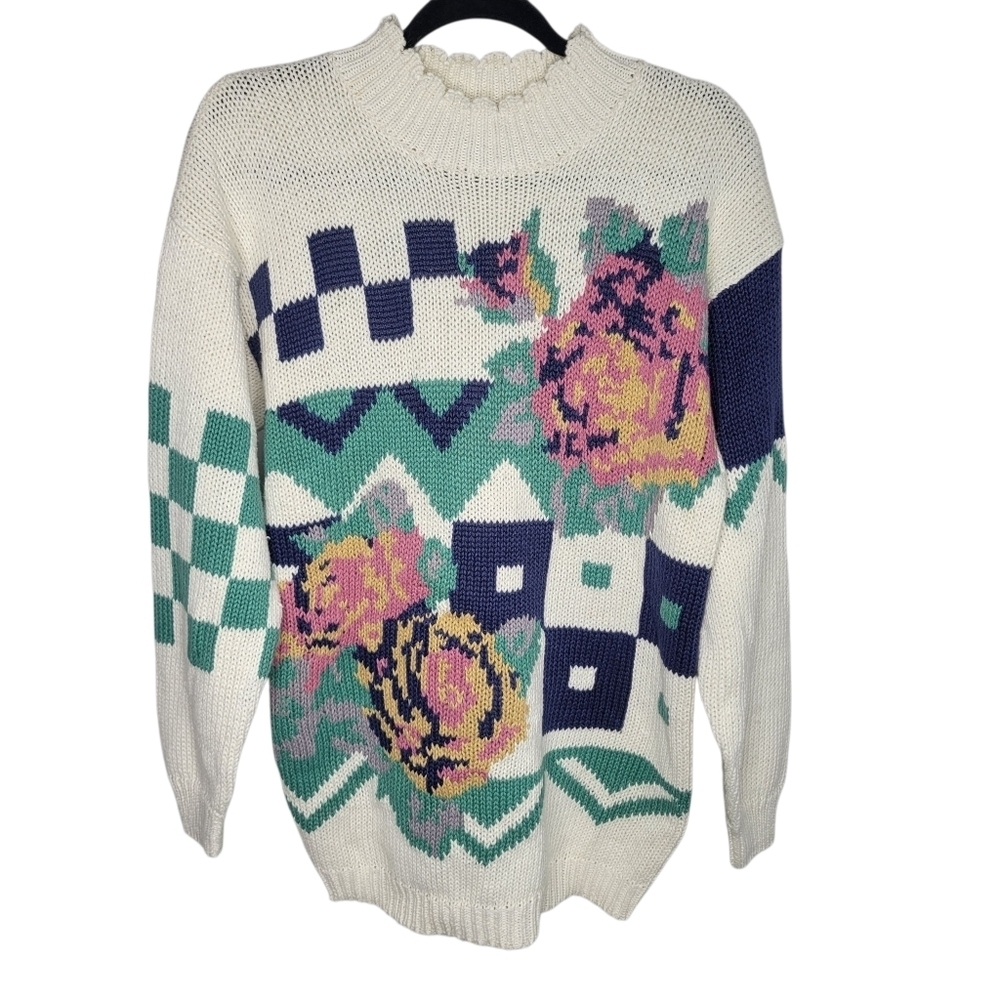 Vintage 80s 62 East Chunk Cowlneck Rose Sweater Size Medium in Cream Pink